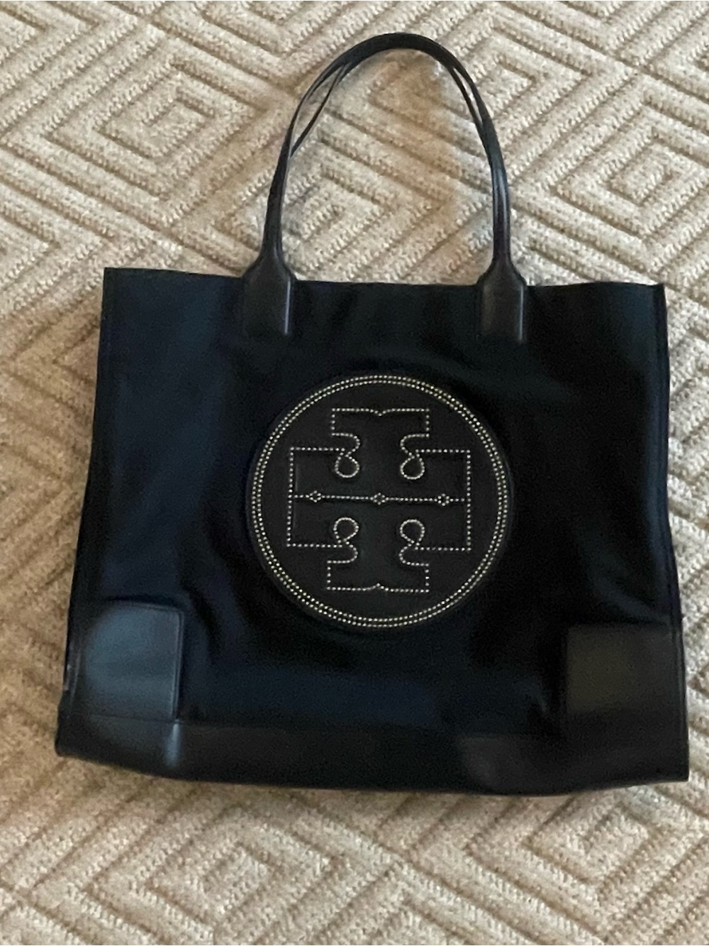 TORY BURCH~RARE “Ella” Gold-Studded Front Pocket Logo Black Tote